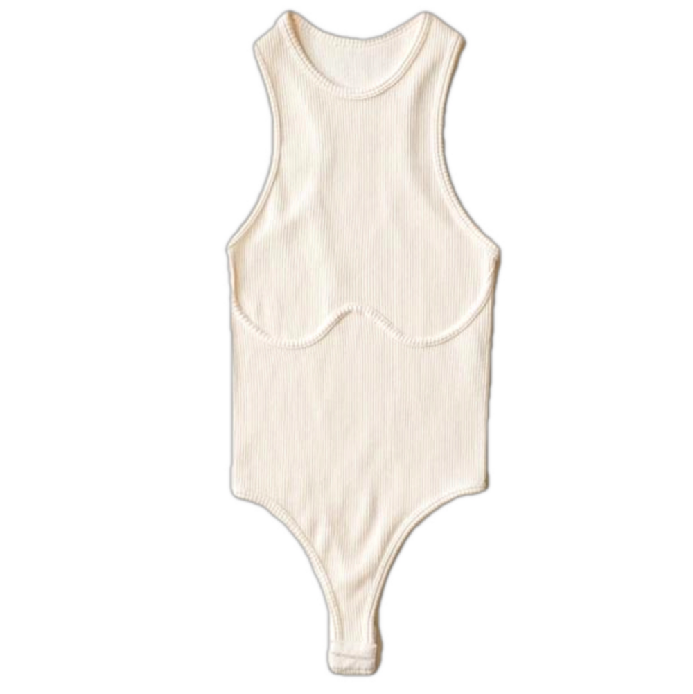 Double Zero White Ribbed Bustier Thong Bodysuit Small
